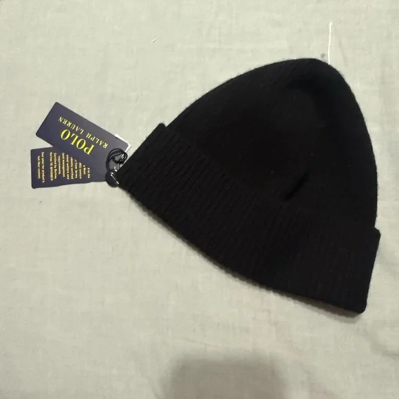 Ralph Lauren Black Cuffed Beanie with Gold Pony Emblem - Picture 2 of 2